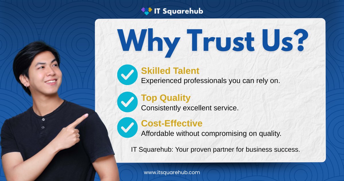 Looking for a trusted outsourcing partner? IT Squarehub delivers top talent, quality service, and efficiency. Trust us to help your business succeed!

#ITSquarehub #TrustedPartner #OutsourcingExcellence #BusinessSuccess #TopTalent #QualityService #EfficientSolutions