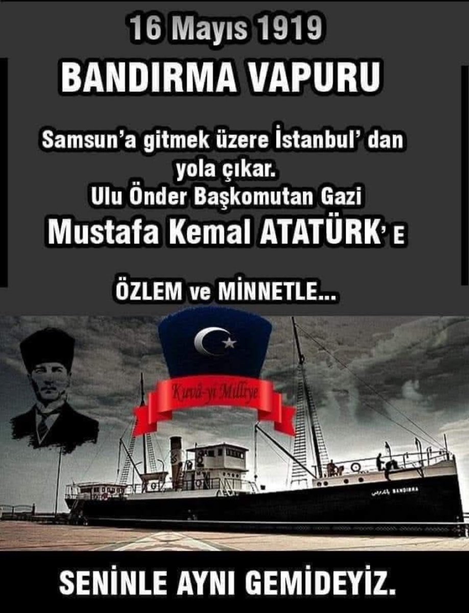 Ey Türk istikbalinin evladı!
İşte, bu ahval ve şerait içinde dahi vazifen,Türk istiklal ve Cumhuriyetini kurtarmaktır!
Muhtaç olduğun kudret, damarlarındaki asil kanda mevcuttur.
#19MayısAtatürküAnmaGençlikveSporBayramı 
#19Mayıs1919