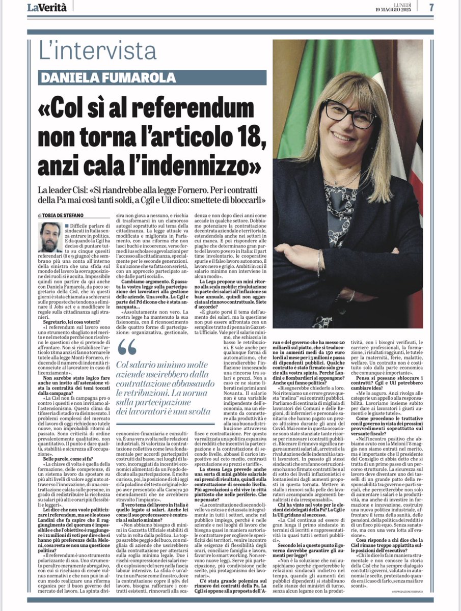 #DanielaFumarola intervistata da ‘La Verità’: La Cisl non fa campagna pro o contro il referendum e non invitiamo all’astensionismo. Questo clima da tifoseria di stadio va disinnescato. I problemi complessi del mercato del lavoro di oggi richiedono tutele nuove, non improbabili