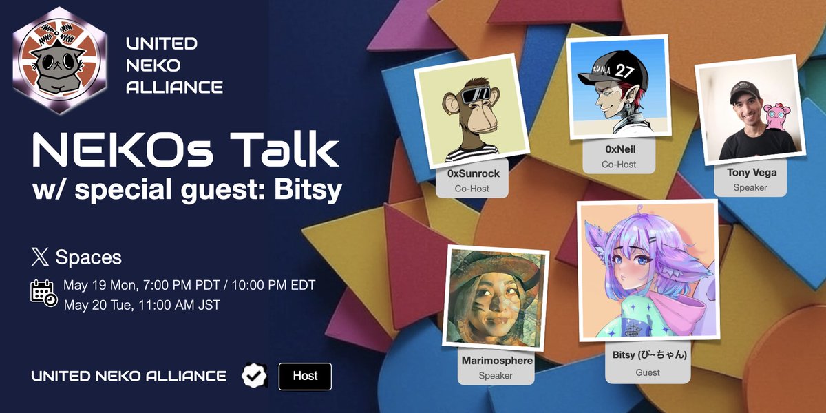 Join us for NEKOs Talk with our guest,
manga artist and VTuber, Bitsy!

x.com/i/spaces/1YpKk…

⏰Mon 19th 7pm PDT 10pm EDT, Tue 20th 11am JST
(the Space formerly known as Japan NFT Talk)