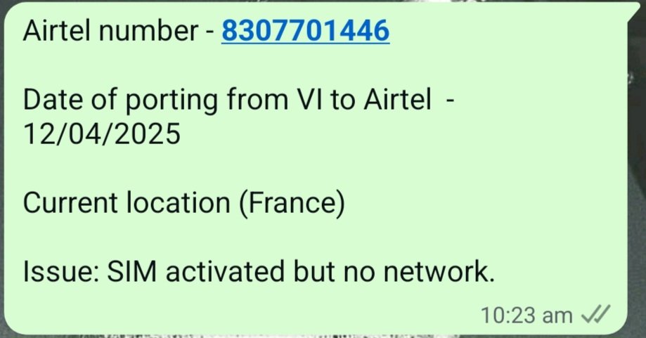WajimMewati's tweet photo. I have an VI number and I ported into Airtel and I move to France before sim activation.When sim activate I was already  in france sim is on but network are not visible and area have airtel network.
Plz resolve this @airtelindia @Airtel_Presence https://t.co/aGH4lqevrL