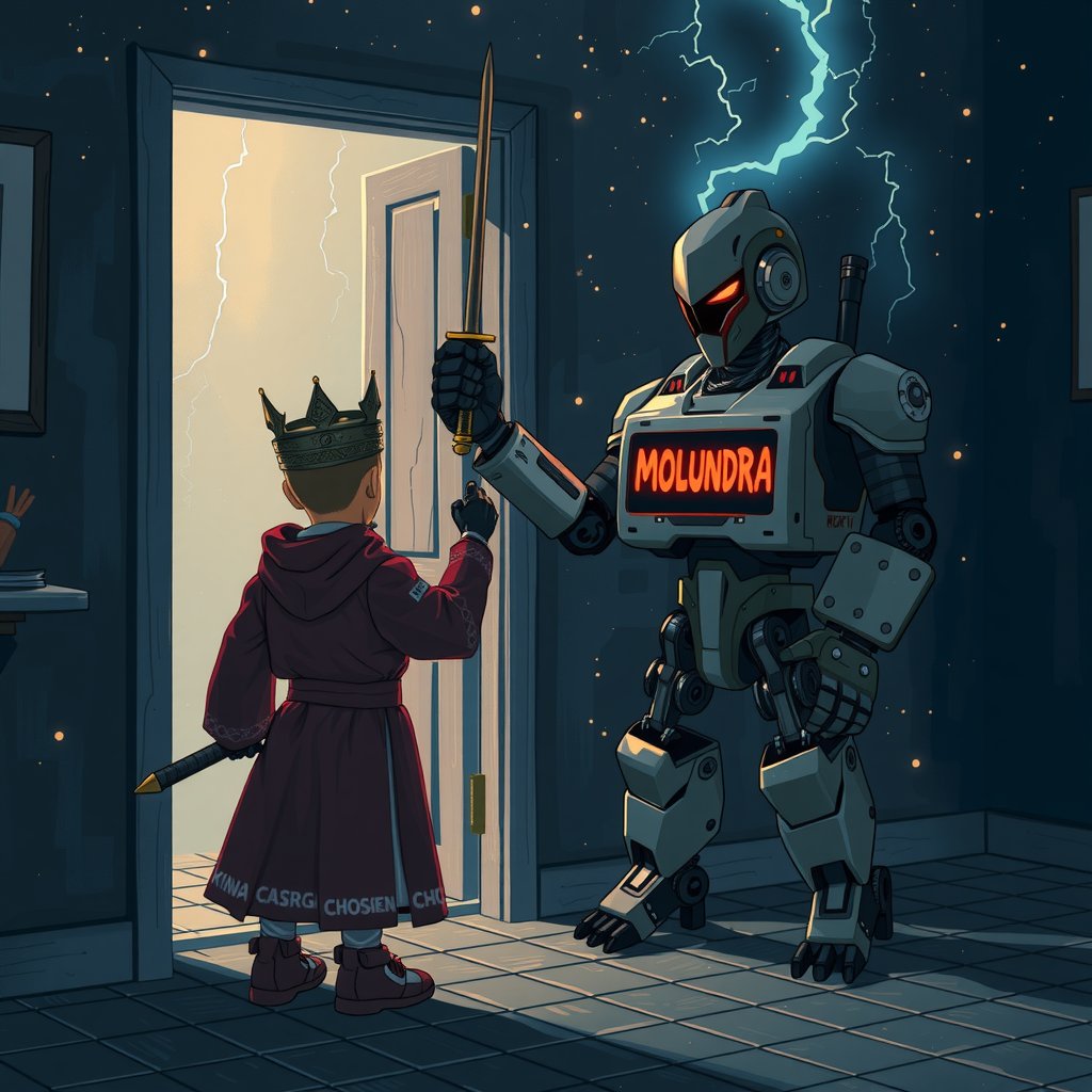 A knock. The Ninja King met MOLUNDRA glowing with Monad runes.

‘CHOSEN’ blazed, his blade flickered to code. 

The Ninja King’s blade arcs high in allegiance to <a href="/molundra/">Molundra</a>.