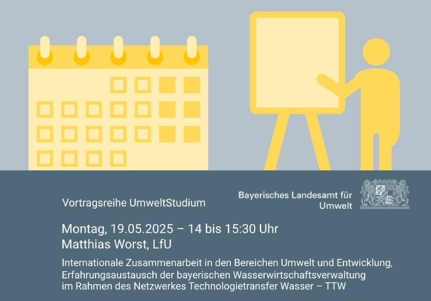 "Internationale Zusammenarbeit und Erfahrungsaustausch der bayerischen Wasserwirtschaftsverwaltung im Rahmen des Netzwerkes Technologietransfer #Wasser – TTW" ist heute am Montag 19.05. in der Reihe #UmweltStudium Thema. Kommen Sie vorbei.
👉 s.bayern.de/UmweltStudium