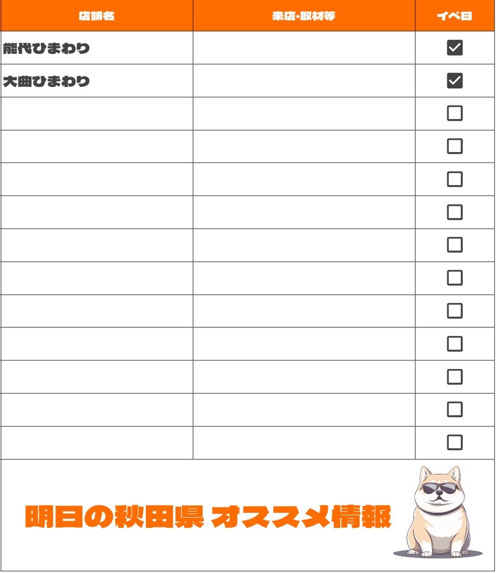 ✪ 5月20日 < 秋田県 >
━ 🎪EVENTS  ━━

❏ ひまわり系列
└ 特定日

※特定日は画像を参照