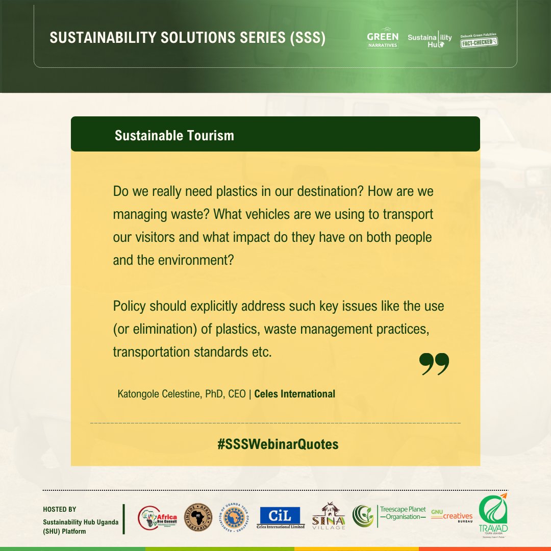 UgandaShu's tweet photo. #SSSWebinarQuotes

“Do we really need plastics in our destination? How are we managing waste? What vehicles are we using to transport our visitors, and what impact do they have on both people and the environment?” - @Celestine139

#SustainableTourism https://t.co/iG7DHE7KEp
