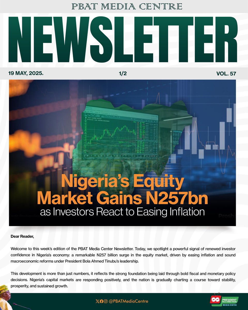 PBATMediaCentre's tweet image. [Newsletter 📩]

Good news from the markets! 📈 Nigeria’s stock market gained ₦257 billion as investors cheered the drop in inflation. 

Confidence is coming back! 💪🇳🇬