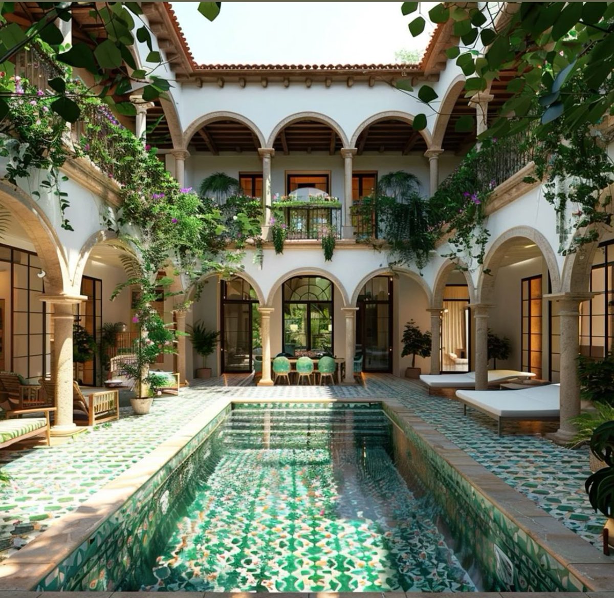 The Spanish Colonial and traditional Damascene styles, despite their geographical differences, share a love for the interior courtyard.