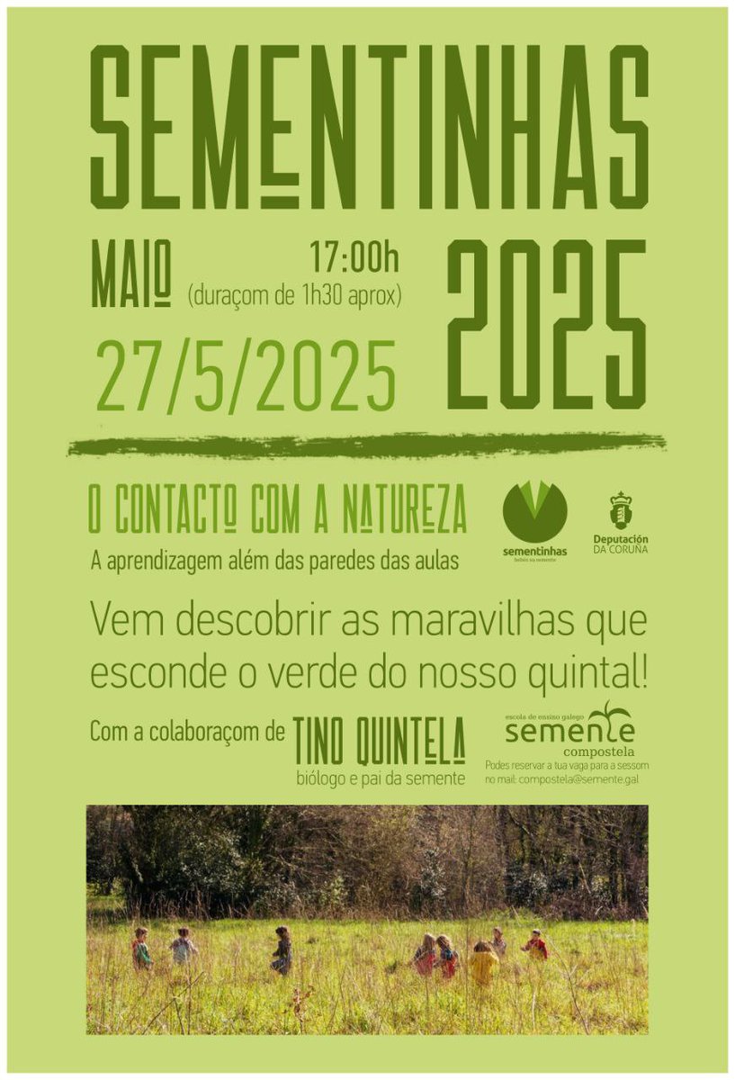 Nova jornada de Sementinhas para a próxima semana! 🌱👶🏽

Com a colaboraçom de Tino Quintela, papá da Semente e biólogo, que nos ensinará qual é a flora do nosso quintal 🌿🌸

Inscriçons: compostela@semente.gal

Colabora: <a href="/DACCultura/">Cultura Depu. Coruña</a>