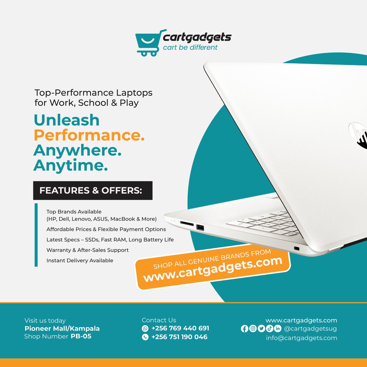 Get top-brand laptops built for speed, style, and performance — perfect for work, school, or play.

Best deals. Instant delivery. Warranty included.

Visit us: Shop PB-05, Pioneer Mall, Kampala
Shop online: cartgadgets.com

#CartGadgets #LaptopDeals #TechUpgrade