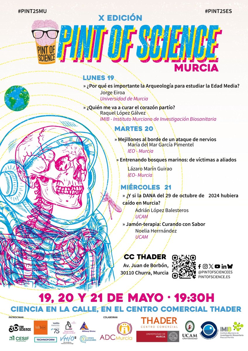 UCAM_Investiga's tweet photo. 🧑‍🔬🍺 Hoy comienza el festival de divulgación científica @pintsworld. La @UCAM participa en esta X edición de @pintofscienceES, el festival internacional que acerca los avances más recientes de la investigación a la ciudadanía, a través de charlas amenas y accesibles que fomentan el diálogo directo con el público.  

📅Miércoles 21

☔️ ¿Y si la DANA del 29 de octubre de 2024 hubiera caído en Murcia? – @AdrLBallesteros

🥓 Jamón-terapia: Curando con Sabor – Noelia Hernández Correas  

🕢 Horario de apertura: 19:30 h  

📍 Lugar: @CCTHADER 

 ➡️Organizador: @ADCMurcia

📌Entrada libre hasta completar aforo.
