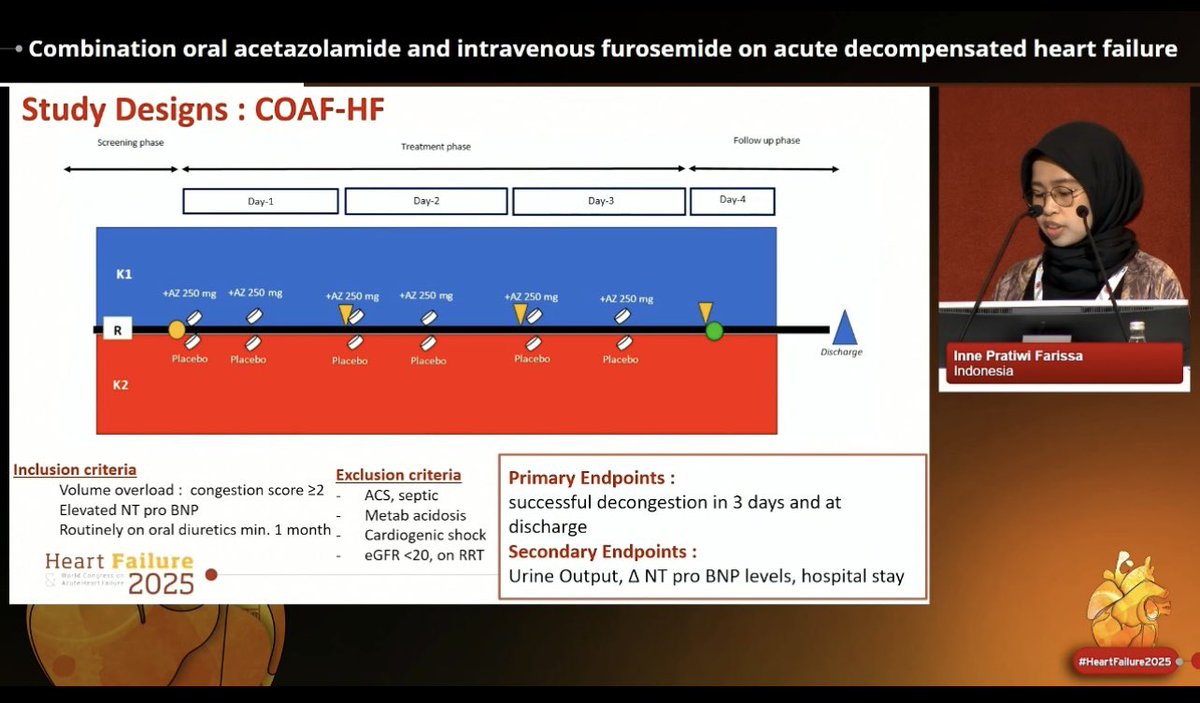 slumberbell's tweet photo. What if IV #acetazolamide isn’t available? Can oral be an option?💊

Insight from 🇮🇩Indonesia, @innefarissa at #HeartFailure2025:

Adding oral acetazolamide 250mg BD on top of 3 pillars of #GDMT:

📍Achieve effective decongestion, not within 3 days, but at discharge
📍⬆️urine output in first 3 days
📍Significant ⬇️in #NTproBNP over 3 days
📍No change in hospital length of stay

#GDMTworks