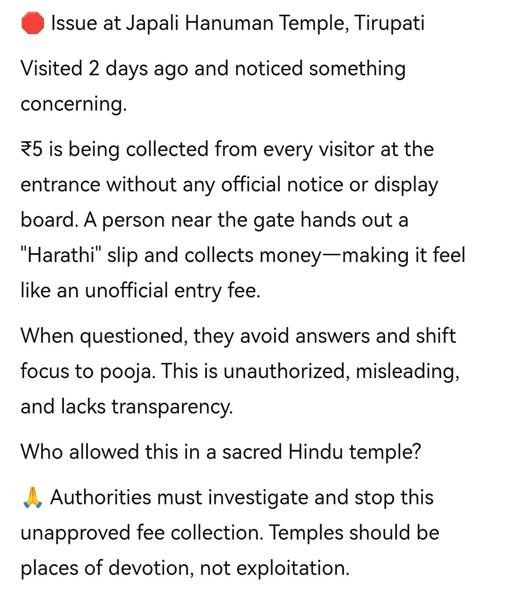 prabodh_kashyap's tweet image. 🙏 Authorities must investigate and stop this unapproved fee collection. Temples should be places of devotion, not exploitation. 

@ncbn @naralokesh @TTDevasthanams @PawanKalyan
#JapaliHanuman #TirupatiTemple #TempleScam #SanatanaDharma #DevoteesRights #StopUnauthorizedCharges
