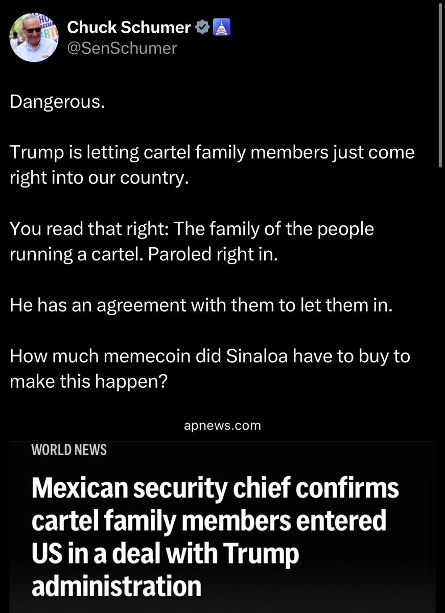Yup, but cause it wasn’t bashing Dems / Biden / Schumer related, folks didn’t say SHIT. I sat on this seeing if anyone would say anything bout it, &amp; from what I’ve seen, no takers. I thought keeping criminals out of the country was important &amp; it was the Dems that were weak. 🤷🏽‍♂️🤷🏽‍♂️