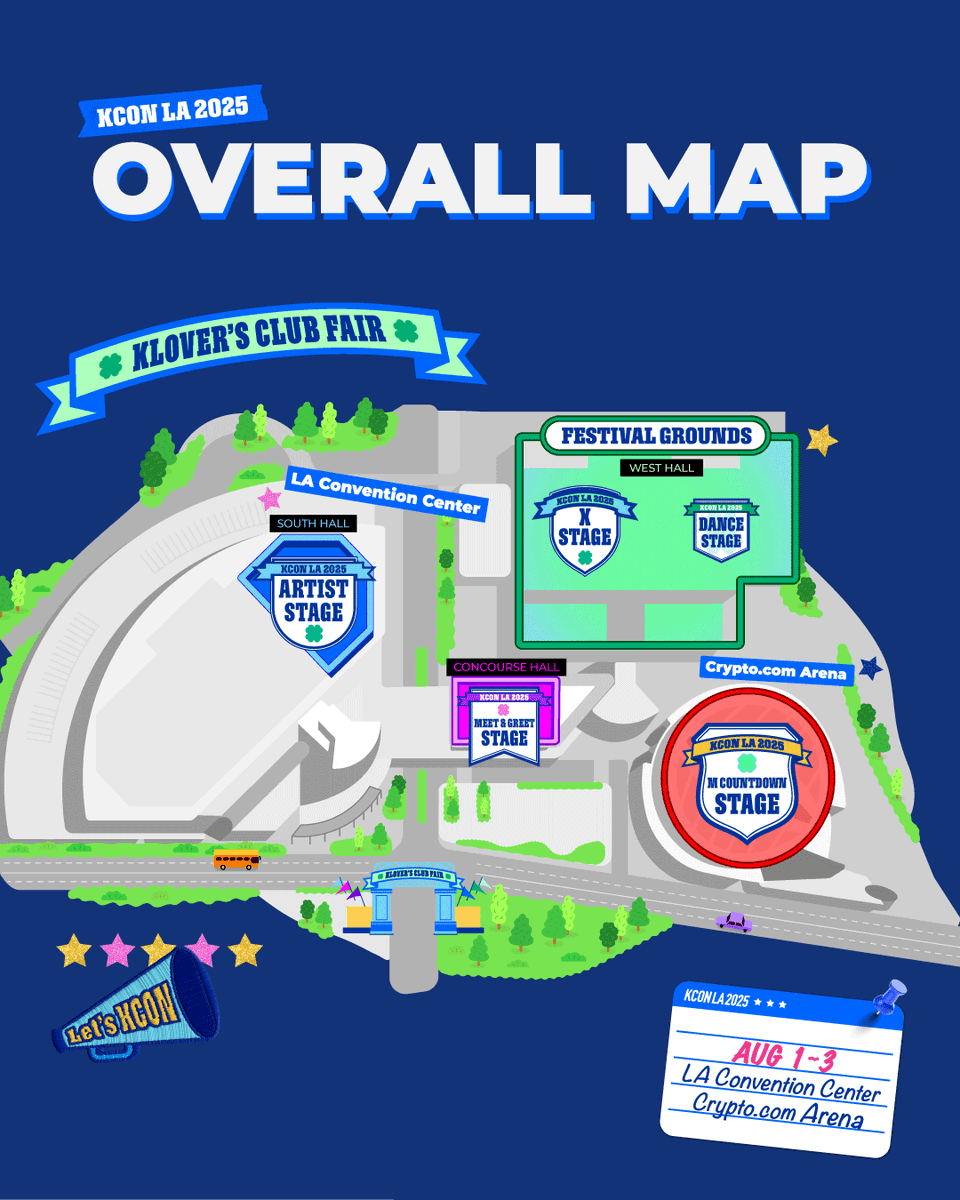 KCONLA2025] OVERALL MAP Take a look at the overall map of KCON LA 2025!  Each space has its STAGE & CONTENT to make you enjoy the fullest of KCON✨ 📍 𝗟𝗔 𝗖𝗼𝗻𝘃𝗲𝗻𝘁𝗶𝗼𝗻 𝗖𝗲𝗻𝘁𝗲𝗿