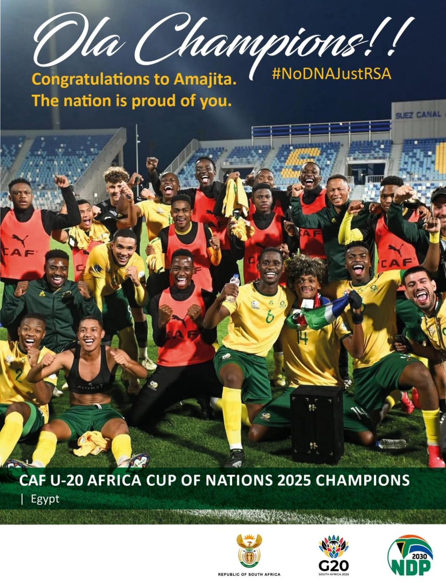 GovernmentZA's tweet photo. Good Morning Mzansi! ☀️
What a way to wake up Amajita are CHAMPIONS of the CAF U20 Africa Cup of Nations 2025! 🏆🇿🇦

You made the nation proud, boys! Siyabonga! 🙌💚💛
#Amajita #CAFU2  #GovZAUpdates https://t.co/kWDPTdgCUf
