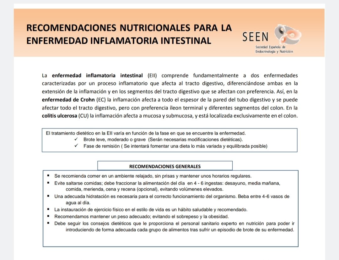 #DíaMundialDeLaEII

¿Qué puede y qué debe comer una persona con enfermedad inflamatoria intestinal (enfermedad de Crohn, colitis ulcerosa)?

Aquí tienes las recomendaciones de la <a href="/sociedadSEEN/">Sociedad SEEN</a> <a href="/NutriSeen/">NutriSEEN</a>
👇🏻👇🏻
seen.es/ModulGEX/works…