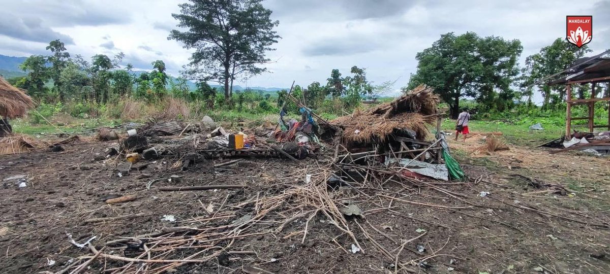 IrrawaddyNews's tweet photo. Junta airstrikes have killed 72 civilians and wounded 141 in Madaya, Singu and Thabeikkyin townships in Mandalay since the earthquake on March 28, said Mandalay People’s Defense Force. (Photo: Bombed village in Thabeikkyin on May 15/ MDY-PDF / ) #WhatsHappeningInMyanmar https://t.co/ovwICqbNjm