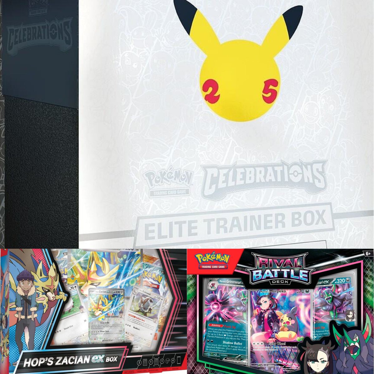 Hey everyone!
Let’s give this giveaway thing a try as a huge thank you for everyone’s efforts to help me catch scalpers. 

1 Celebrations ETB
1 Hop’s Zacian Box
1 Marnie Battle Deck

To enter…
1. Like 
2. Follow
3. Repost
4. Tag someone who needs this in their collection.
Winner