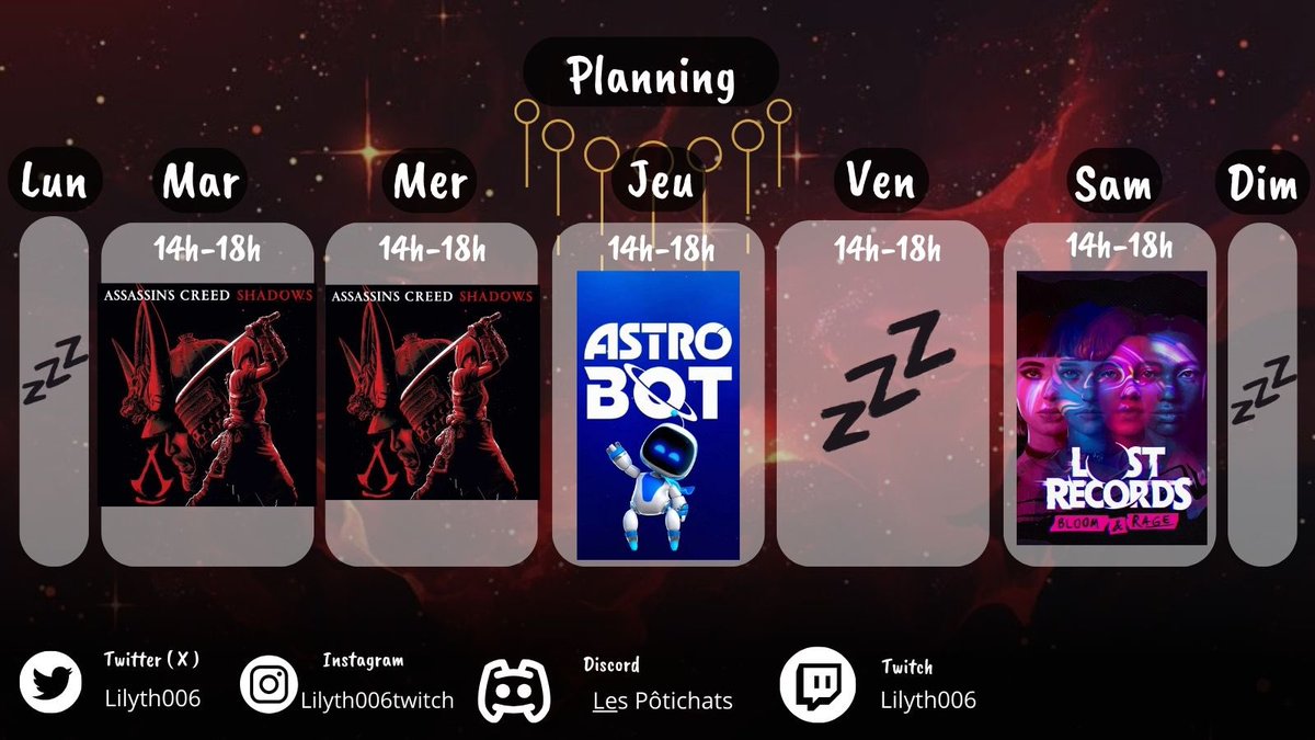 Bon lundi internet ! 

Voici le planning de la semaine ! Je serai absente ce vendredi exceptionnellement mais promis, je me rattraperai en juin (surpriiiise 🤫)