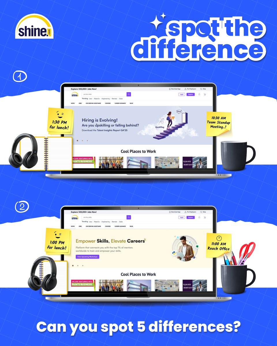 ShineDotCom's tweet photo. 🔍 Spot the Difference Challenge!
Find the 5 changes in this desk setup and drop your answers below!

#workdeskchallenge #SpotTheDifference #Fun #remoteworksetup #ProductivityChallenge #WorkplaceVibes #jobready #ProfessionalSkills #shinebright https://t.co/IXMjjGz8ZM