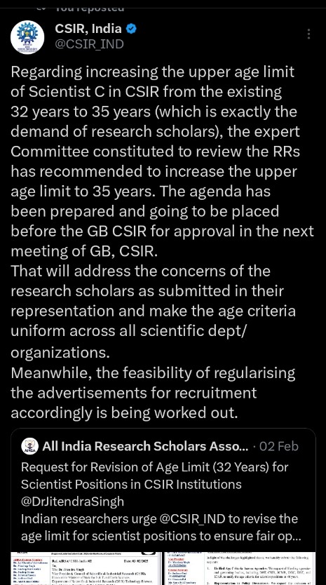 All India Research Scholars Association (@airsaindia) on Twitter photo CSIR authorities had promised to revise the age limit for Scientist positions—yet Indian researchers continue to be betrayed.
#AgeLimitReform #CSIR
<a href="/DrNKalaiselvi/">N Kalaiselvi</a>
<a href="/CSIR_IND/">CSIR, India</a>
<a href="/DrJitendraSingh/">Dr Jitendra Singh</a> <a href="/IndiaDST/">DSTIndia</a> <a href="/EconomicTimes/">Economic Times</a> <a href="/htTweets/">Hindustan Times</a> <a href="/TimesNow/">TIMES NOW</a> <a href="/timesofindia/">The Times Of India</a> <a href="/EduMinOfIndia/">Ministry of Education</a> <a href="/the_hindu/">The Hindu</a> CSIR authorities had promised to revise the age limit for Scientist positions—yet Indian researchers continue to be betrayed.
#AgeLimitReform #CSIR
<a href="/DrNKalaiselvi/">N Kalaiselvi</a>
<a href="/CSIR_IND/">CSIR, India</a>
<a href="/DrJitendraSingh/">Dr Jitendra Singh</a> <a href="/IndiaDST/">DSTIndia</a> <a href="/EconomicTimes/">Economic Times</a> <a href="/htTweets/">Hindustan Times</a> <a href="/TimesNow/">TIMES NOW</a> <a href="/timesofindia/">The Times Of India</a> <a href="/EduMinOfIndia/">Ministry of Education</a> <a href="/the_hindu/">The Hindu</a>