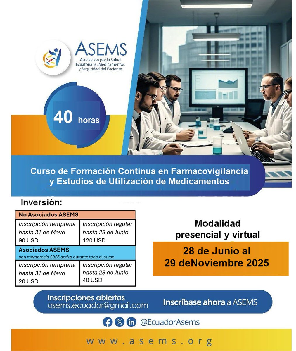EcuadorAsems's tweet photo. 🎓 ¡Curso en Farmacovigilancia y EUM!

🕒 40h | Modalidad mixta

👩‍⚕️ Dirigido a profesionales de la salud

💰 ¡Inscríbete con descuento hasta el 31 de mayo!
➡️ Cupos limitados

Mas info: https://t.co/ojC961ZEmE

#Farmacovigilancia #SegPac #SaludPública https://t.co/tWp99Xc9ld