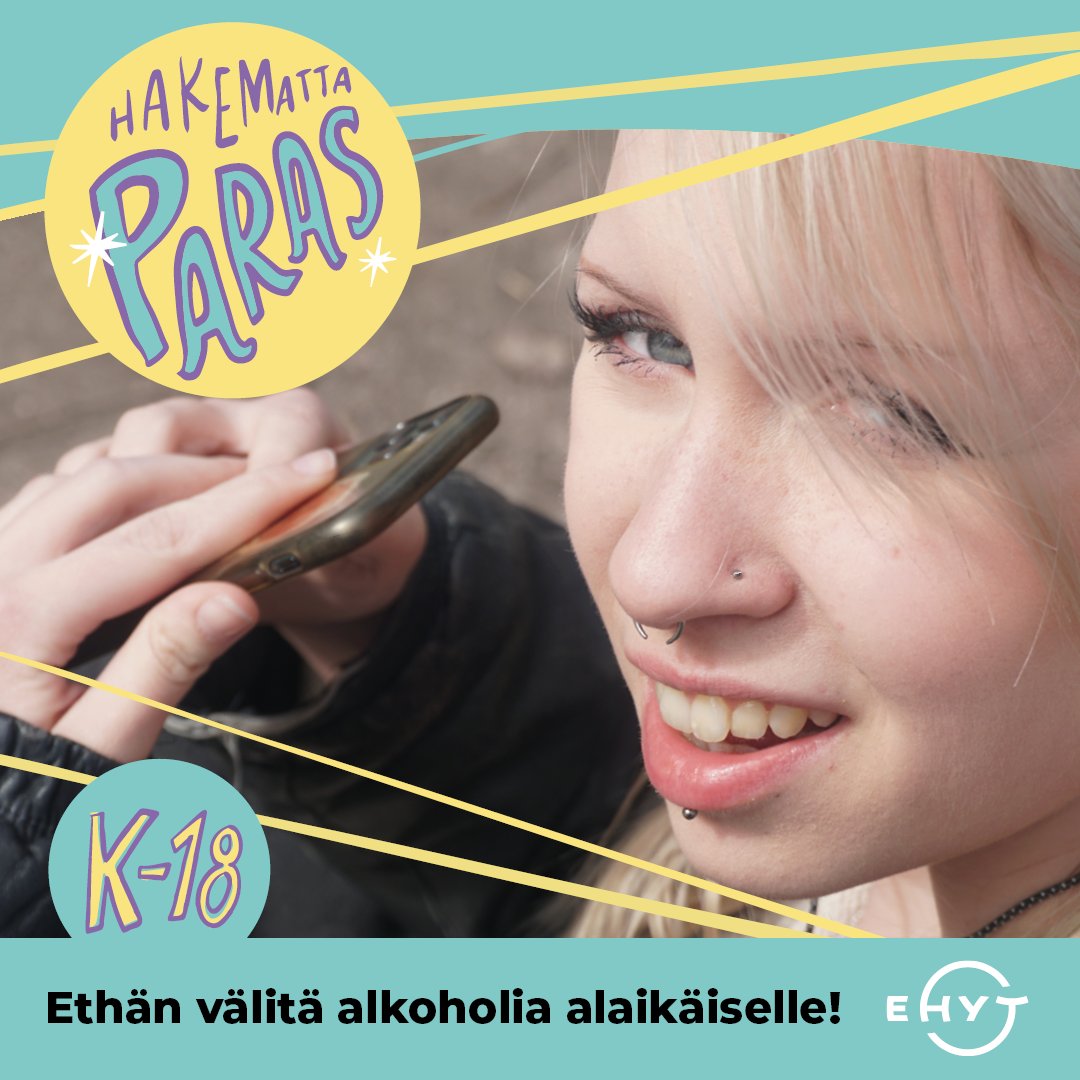 Nuorille helpoin tapa saada alkoholia on pyytää täysi-ikäinen henkilö ostamaan sitä. #Hakemattaparas -kampanja muistuttaa aikuisia siitä, että alkoholijuomia  ei kannata ostaa tai antaa alaikäiselle. ehyt.fi/uutishuone/uut…