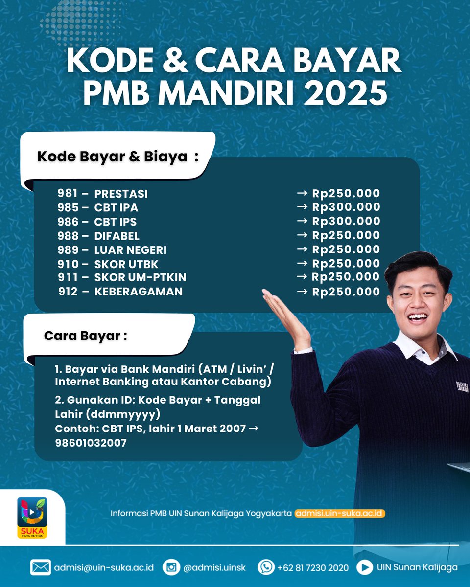 Bingung cara bayar Jalur Mandiri?
Tinggal pilih aja jalur Mandiri yg kamu mau dan sesuaikan dengan tanggal lahirmu. Kamu bisa daftar berbagai jalur sekaligus. Eits, bisa juga daftar CBT berkali-kali, asal pilih jadwal ujian berbeda #uinsk #uinsunankalijaga #uinsuka #pmbuinsuka