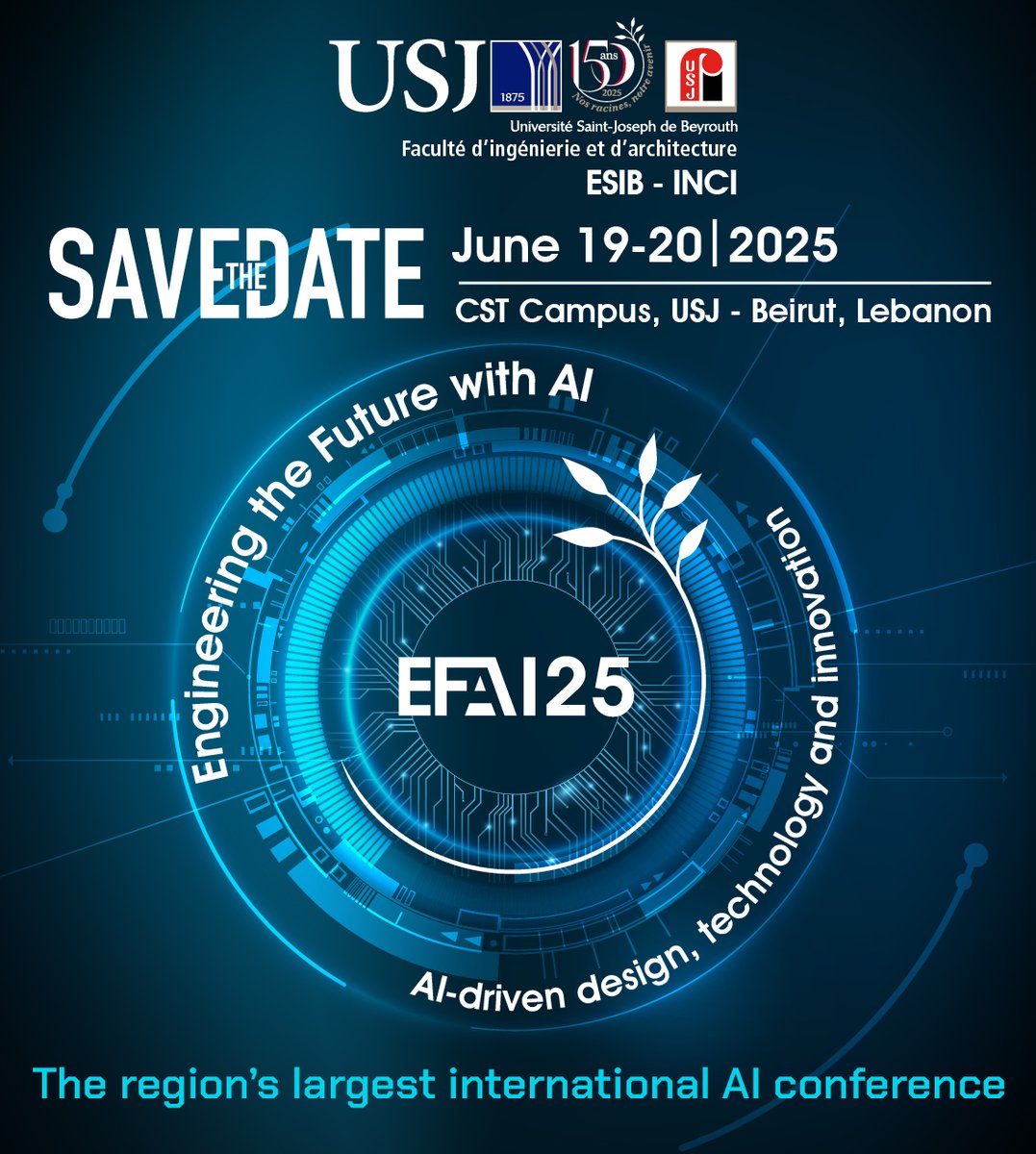 🌟 Exciting Announcement! 🌟 Join us for the "Engineering the Future with AI" conference, hosted by the Faculty of Engineering and architecture at Saint-Joseph University of Beirut!

#USJLiban #ESIB_USJ #INCI_USJ #AI #Engineering #Conference #Innovation