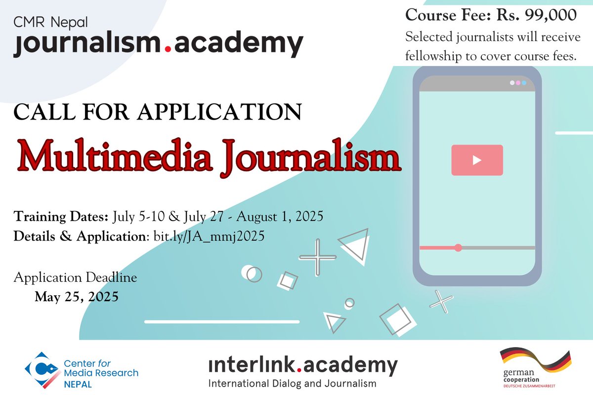 Opportunity for Nepali journalists: We have opened call for application for #MultimediaJournalism training in Kathmandu. 
Application Deadline: May 25 
For Detail: bit.ly/JA_mmj2025