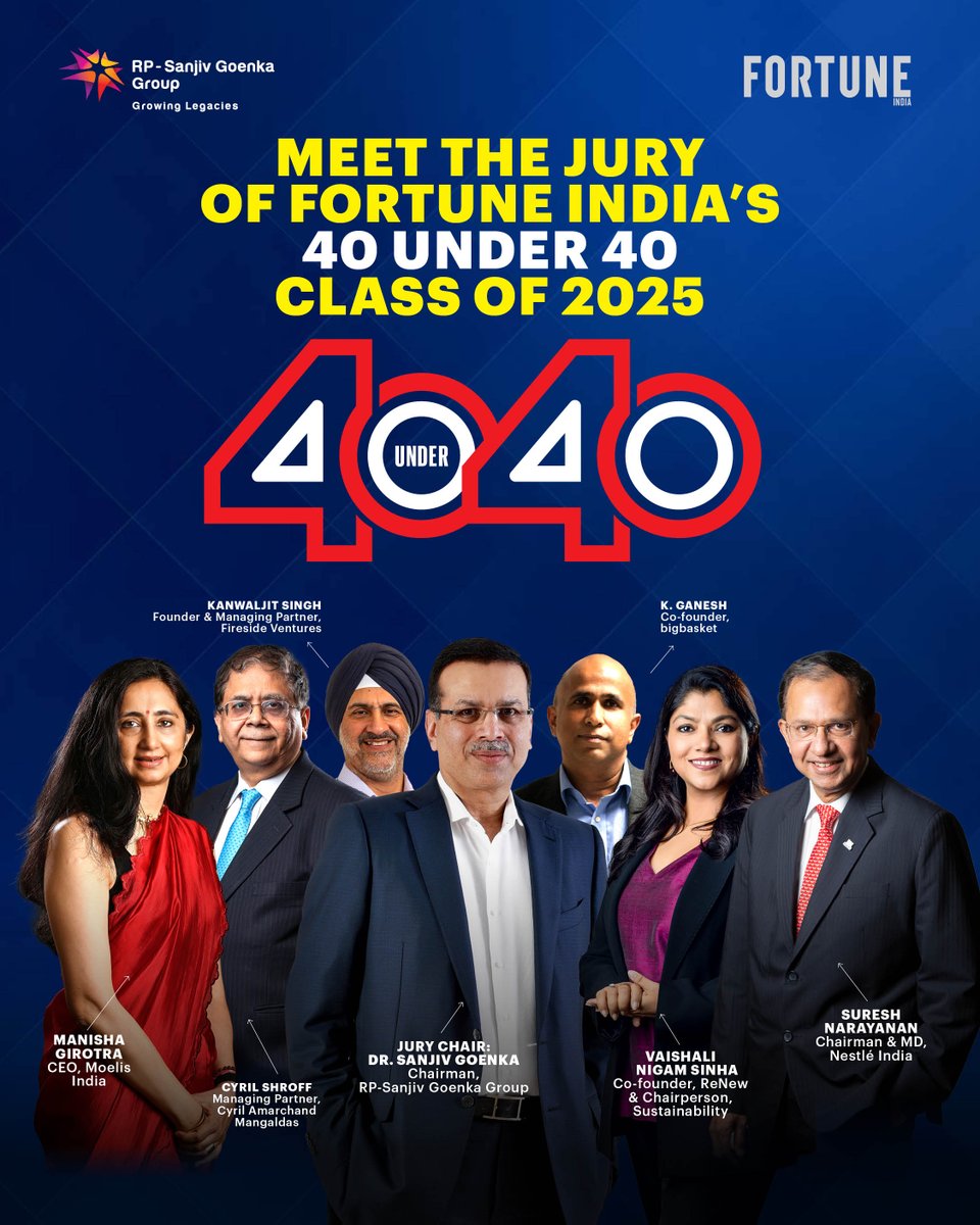 Fortune India (@fortuneindia) on Twitter photo šØ Meet the trailblazers shaping India's future!
The Fortune India 40 Under 40, Class of 2025 jury is nothing short of extraordinary. Led by <a href="/DrSanjivGoenka/">Dr. Sanjiv Goenka</a> , Chairman, RP-Sanjiv Goenka Group, and joined by leaders like <a href="/cakanwaljit/">CA.Kanwaljit Singh</a> of Fireside Ventures, <a href="/ganeshk03/">K.Ganesh</a> of šØ Meet the trailblazers shaping India's future!
The Fortune India 40 Under 40, Class of 2025 jury is nothing short of extraordinary. Led by <a href="/DrSanjivGoenka/">Dr. Sanjiv Goenka</a> , Chairman, RP-Sanjiv Goenka Group, and joined by leaders like <a href="/cakanwaljit/">CA.Kanwaljit Singh</a> of Fireside Ventures, <a href="/ganeshk03/">K.Ganesh</a> of