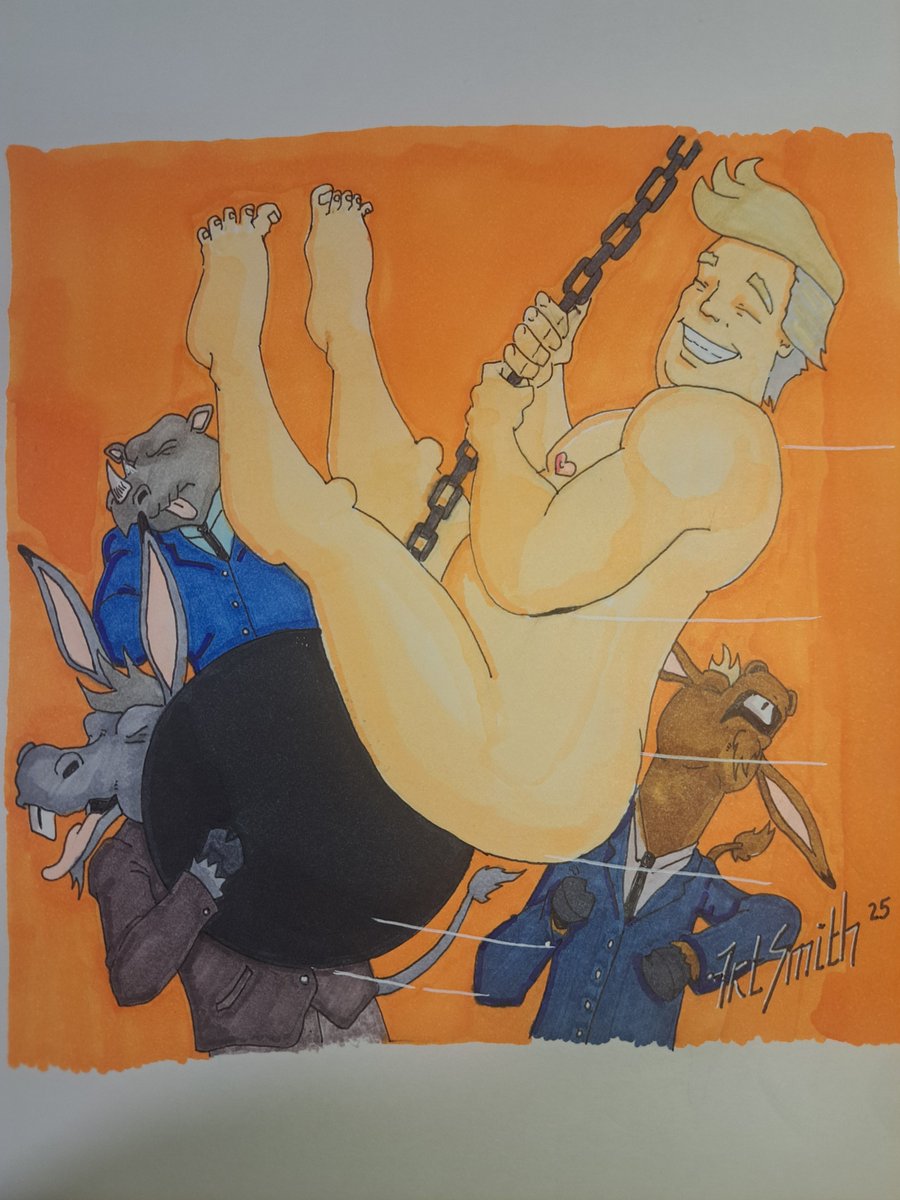 ARTSmit90535684's tweet photo. “Wrecking Ball 2025” —
When raw ego smashes into the political zoo, nobody walks away clean.

A cartoon mashup of Trump x Miley Cyrus by @artsmith1584

💥 #PoliticalCartoon #TrumpSatire #WreckingBall #artsmith1584 #VisualCommentary 
#realDonaldTrump 
#elon_musk https://t.co/kSxzCOdhff