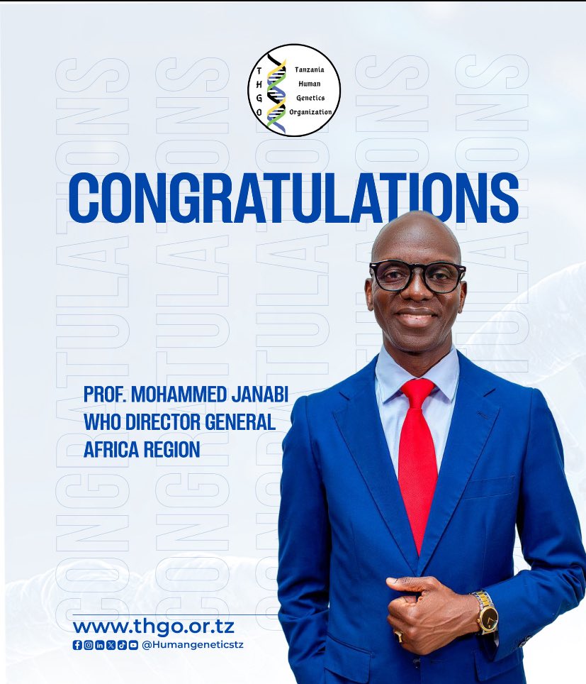 Tanzania Human Genetics Organization (@humangeneticstz) on Twitter photo ✨THGO celebrates Prof. Mohammed Janabi on his election as <a href="/WHO/">World Health Organization (WHO)</a> Africa Regional Director, announced 18 May 2025! A proud moment for Tanzania & a leap for Africa's health diplomacy.
Congrats, Prof. Janabi! <a href="/ProfJanabi/">Prof. Mohamed Janabi</a> 👏🏽
#WHO #WHOAFRO #Janabi4Africa ✨THGO celebrates Prof. Mohammed Janabi on his election as <a href="/WHO/">World Health Organization (WHO)</a> Africa Regional Director, announced 18 May 2025! A proud moment for Tanzania & a leap for Africa's health diplomacy.
Congrats, Prof. Janabi! <a href="/ProfJanabi/">Prof. Mohamed Janabi</a> 👏🏽
#WHO #WHOAFRO #Janabi4Africa