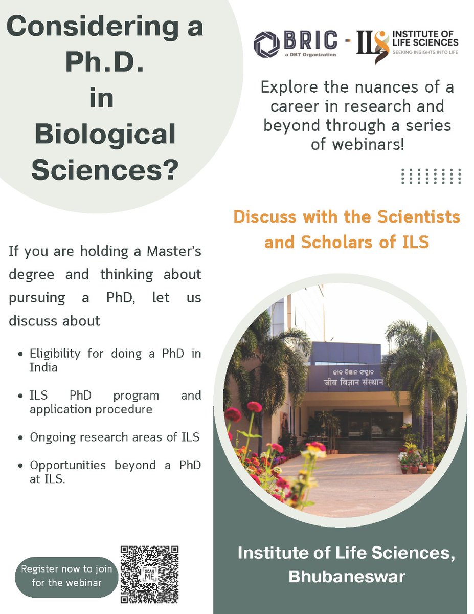 Exciting Webinar Opportunity for Aspiring PhD Students! 
Join us for the "Step Into Life Sciences Research" webinar series hosted by the BRIC- Institute of Life Sciences, Bhubaneswar. This session will focus on "Host-Pathogen Interactions in Human and Plant Diseases."
Date: May