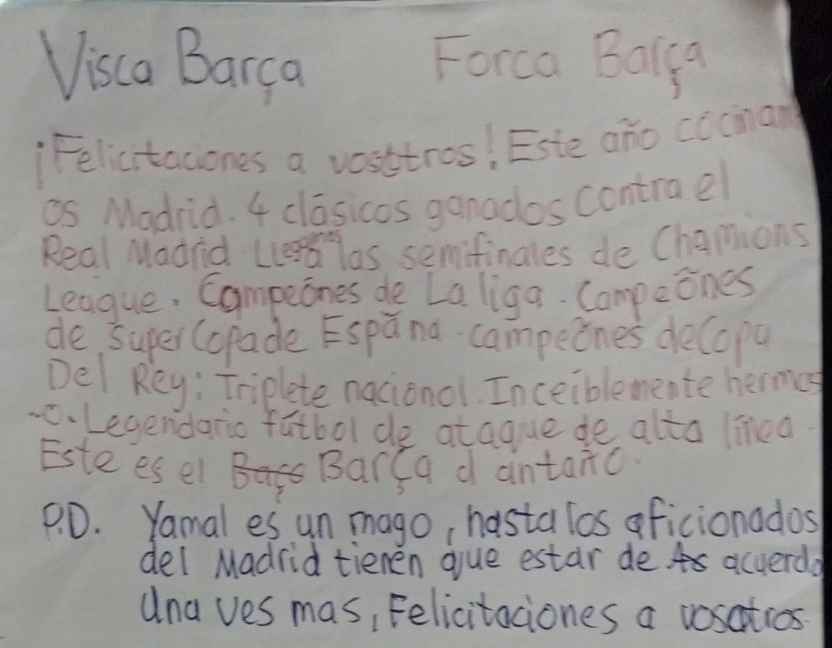 Pritesh Mehta (@priteshfcb) on Twitter photo My 10-year-old son, a proud culer, wrote this in Spanish to celebrate Barça’s amazing season, trophies, comeback wins, victories over Madrid, rise of La Masia. He's learning Spanish to connect more with the club. <a href="/FCBarcelona/">FC Barcelona</a>
#ViscaBarça #ForçaBarça #Barca #LaMasia <a href="/fcbmumbai/">FCB MUMBAI 🇮🇳</a> My 10-year-old son, a proud culer, wrote this in Spanish to celebrate Barça’s amazing season, trophies, comeback wins, victories over Madrid, rise of La Masia. He's learning Spanish to connect more with the club. <a href="/FCBarcelona/">FC Barcelona</a>
#ViscaBarça #ForçaBarça #Barca #LaMasia <a href="/fcbmumbai/">FCB MUMBAI 🇮🇳</a>