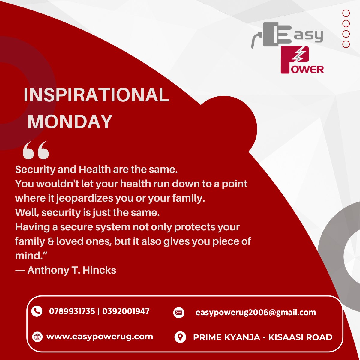 As you wouldn’t neglect your well-being, your home’s safety should never be compromised. 
At EasyPower, we provide security solutions that keep your family secure while ensuring peace of mind .  Have a great week ahead of you. 
#Securitysolutions #SolarUganda