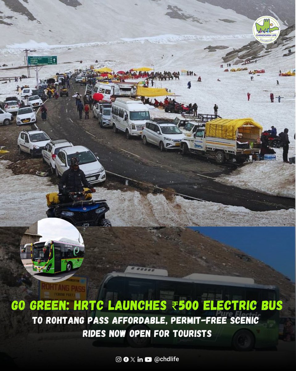 ₹500 Eco-Bus to Rohtang Pass
HRTC launches a budget-friendly electric bus from Manali to Rohtang Pass — just ₹500 for a round trip! 
#RohtangPass #HRTC #ManaliTravel #EcoFriendly #HimachalUpdates #ChdlifeNews