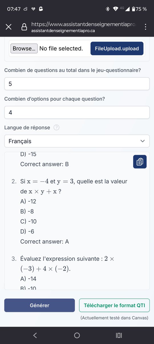 Bon les générateurs de QCM avec IA c'est pas toujours bon... Là c est avec assistantdenseignementiapro.ca/multiple-choice et c'est pas très bon...que ce soit le choix des fausses réponses et de la bonne réponse(qui est fausse)...
