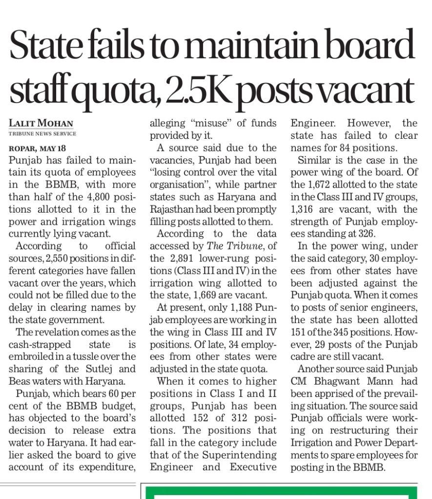 SARBJEETJHINJER's tweet image. The Reality of ‘Paniyan De Rakhe’

First @capt_amarinder, now BJP’s puppet @BhagwantMann — both claim to be protectors of #Punjab’s waters and #BBMB. But here’s the truth: over 2,500 posts under Punjab’s quota lie &amp;amp; in the Board, while Haryana and Rajasthan have swiftly filled