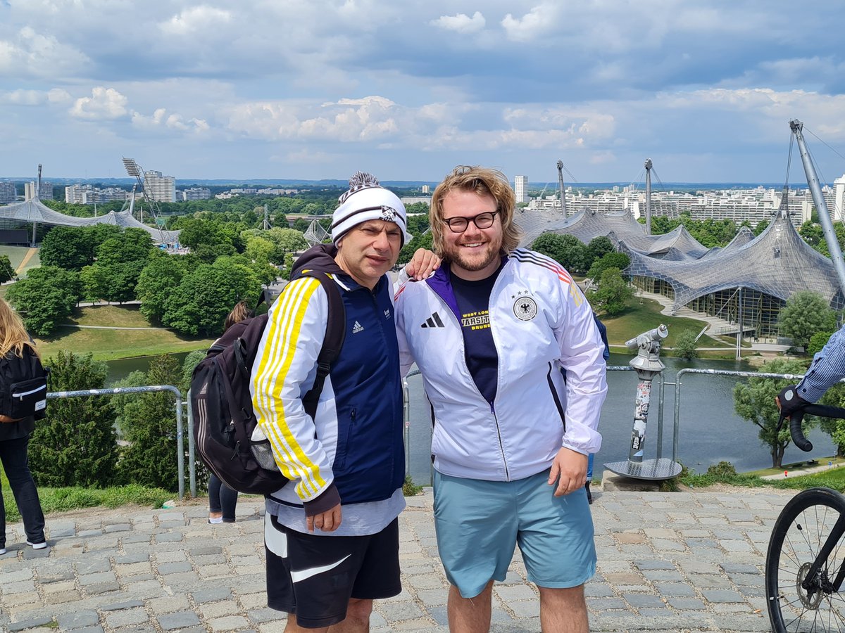 We visited the Olympic Park in #Munich – the venue for the 1972 Games. We are standing on a huge artificial hill, which was, originally, the piled rubble following the Allies' bombing of Munich during WWII. It has been greened and landscaped to create a stunning vantage point.