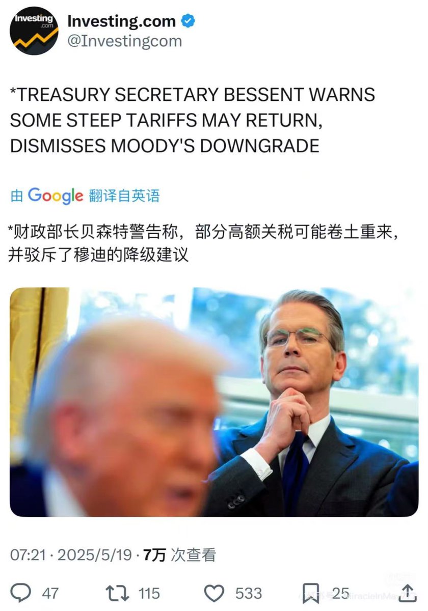 贝森特威胁关税谈判国讲座中多次指出财政首要职责是保证本国经济稳定运行减少不确定性增加确定性尤其全球关税战情形下。我特别指出贝森特应尽快与关税 谈判国达成协议以保证美国经济尤其金融市场的稳定。贝森特应该再劝说川普降低关税要求而不是施压18个谈判国尽快妥协让步 ...