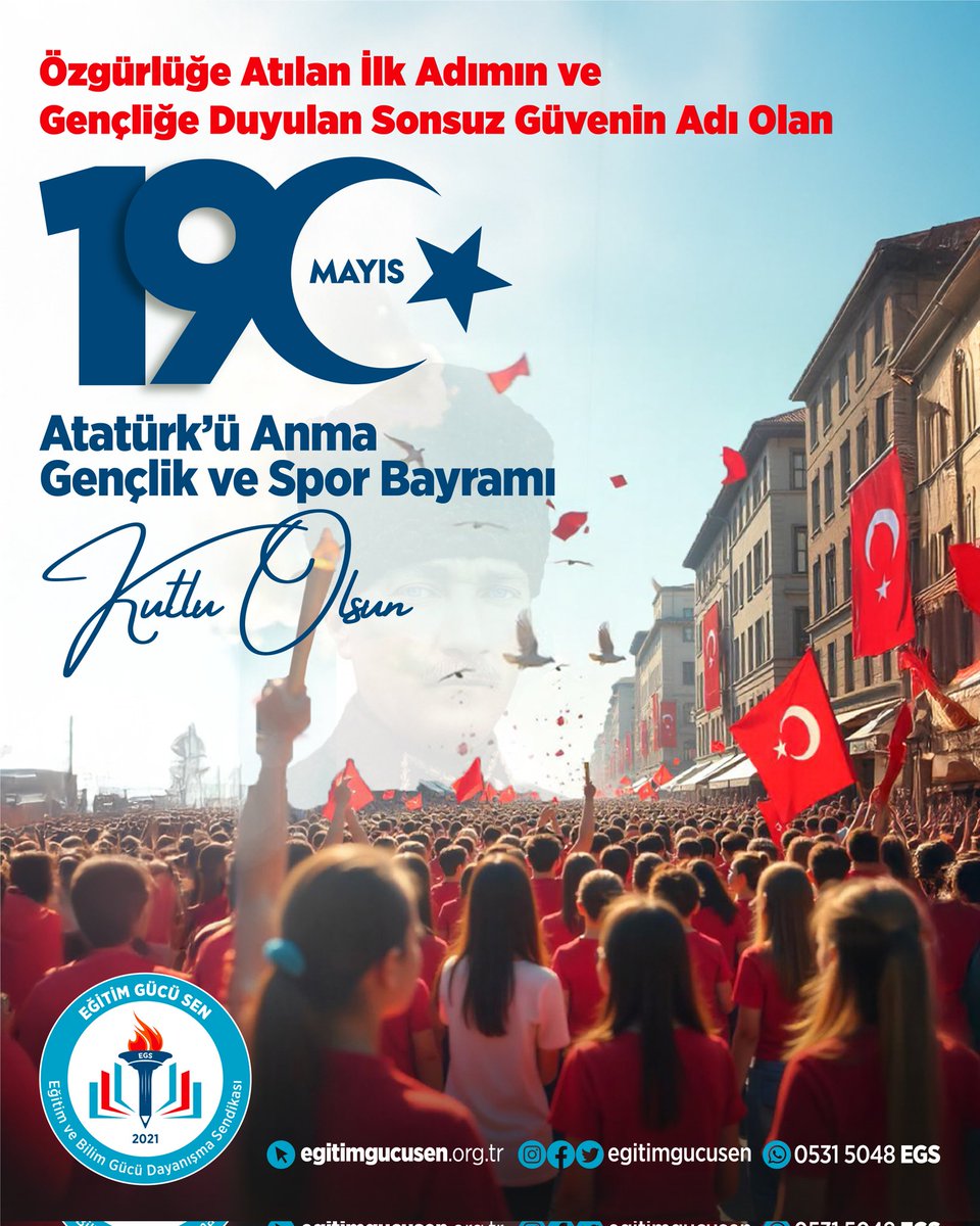Bir milletin küllerinden doğduğu gündür 19 Mayıs.

Atatürk’ün gençliğe emanet ettiği bu büyük miras, bizlere geçmişten geleceğe uzanan bir sorumluluktur.

Gençliğin mücadele ruhunu ve inancını yaşatıyor, yürüyüşümüzü umutla sürdürüyoruz.

19 Mayıs Atatürk’ü Anma, Gençlik ve Spor