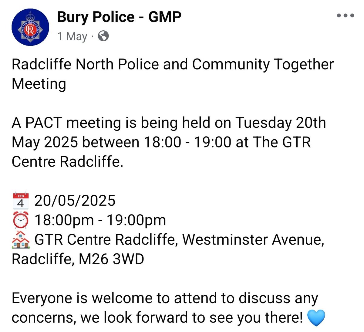 Tomorrow's The GTR centre your Neighbourhood Police will be in attendance for you to raise concerns and ask questions <a href="/buryhousingTEO/">Debbie Standring</a> <a href="/Bury_GPFed/">BuryGPFed</a> <a href="/CABuryandBolton/">Citizens Advice Bury & Bolton</a> <a href="/CorrieGardeners/">Corrie Gardeners Community Group</a> <a href="/colinh241/">Woodies -mensheds</a>