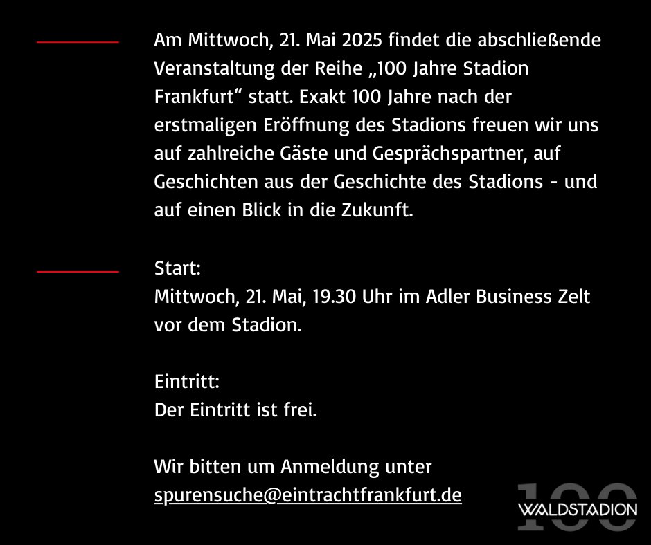 🏟️❤️ 100 Jahre Stadion: Frankfurt und sein Stadion. 

Am 21. Mai 1925 wurde das Stadion im Stadtwald erstmalig eröffnet. 100 Jahre später laden wir zur großen Abschlussveranstaltung und sprechen über Vergangenheit, Gegenwart und Zukunft der Sportstätte.

#EFMuseum #SGE #Stadion