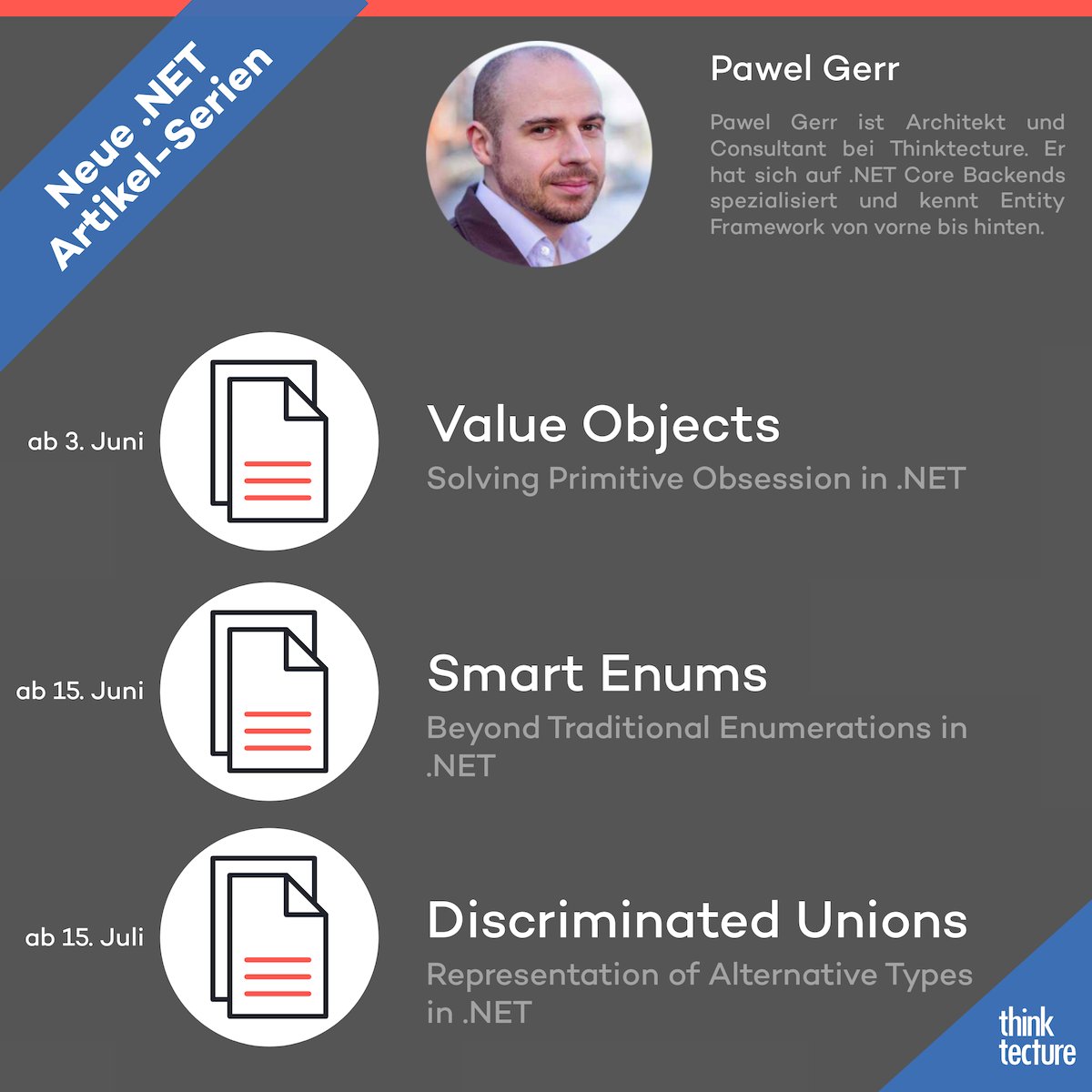 Thinktecture (@thinktecture) on Twitter photo ๐ Neue .NET Artikel-Serien von <a href="/pawelgerr/">Pawel Gerr</a>!
๐๏ธ Ab 3. Juni: Value Objects โ Solving Primitive Obsession in .NET
๐๏ธ Ab 15. Juni: Smart Enums โ Beyond Traditional Enumerations
๐๏ธ Ab 15. Juli: Discriminated Unions โ Alternative Types in .NET
Nicht verpassen!
#dotnet ๐ Neue .NET Artikel-Serien von <a href="/pawelgerr/">Pawel Gerr</a>!
๐๏ธ Ab 3. Juni: Value Objects โ Solving Primitive Obsession in .NET
๐๏ธ Ab 15. Juni: Smart Enums โ Beyond Traditional Enumerations
๐๏ธ Ab 15. Juli: Discriminated Unions โ Alternative Types in .NET
Nicht verpassen!
#dotnet