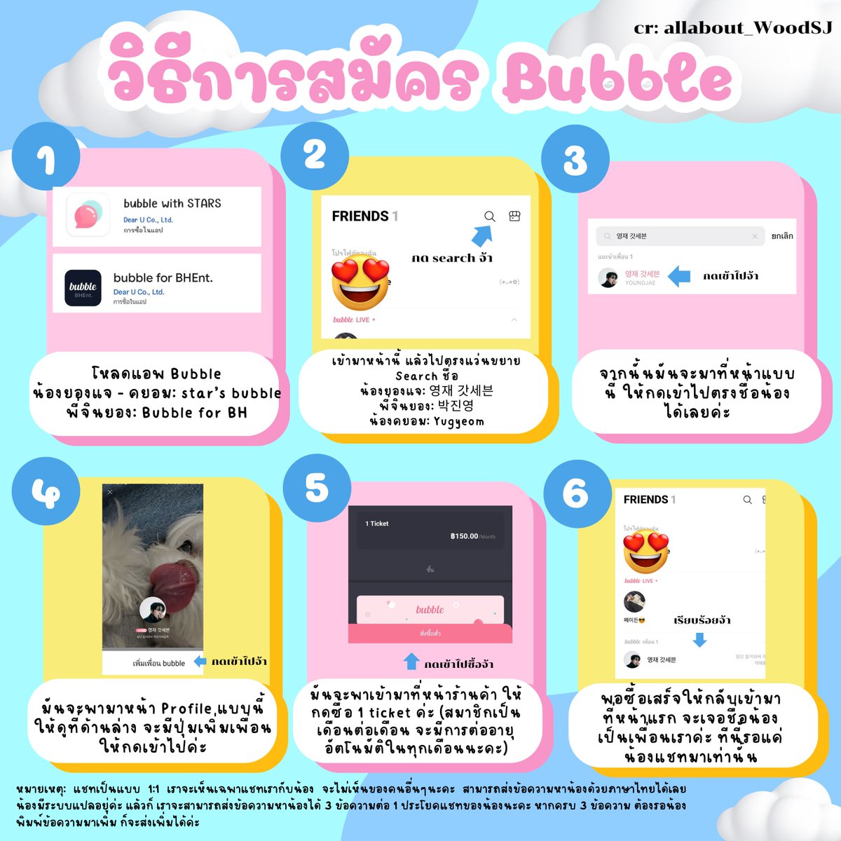 allabout_KieCYJ's tweet photo. วิธีการสมัคร Bubble น้องยองแจ - พี่จินยอง - น้องคยอม

1. โหลดแอพ โหลดแอพ Bubble
ของ น้องยองแจ กับ น้องคยอม: star’s bubble
ของ พี่จินยอง: Bubble for BH

2. เข้าไปที่หน้าแรก ให้กด Search ชื่อตรงแว่นขยาย 
น้องยองแจ: 영재 갓세븐
พี่จินยอง: 박진영
น้องคยอม: Yugyeom

3. ของบางคนจะเข้าหน้า Profile เลย หากไม่เข้าหน้า Profile ให้เลือก อันที่เป็นของน้องยองแจ หรือ พี่จินยองแล้วกดเข้าไป 

4. หากเข้ามาที่หน้า Profile แล้ว สุดหน้า Page จะมี ปุ่ม "เพิ่มเพื่อน" ให้กดเข้าไปค่ะ

5. มันจะเข้าไปที่หน้าร้านค้า ให้กดซื้อแบบ 1 Ticket นะคะ (1 Ticket สามารถใช้ได้ 1 เดือน ทุกๆเดือนระบบจะต่อายุอัตโนมัติให้ค่ะ) จากนั้นก็ทำการซื้อ จ่ายเงินใดๆ 

6. หากการซื้อสำเร็จแล้วให้กลับมาที่หน้าแรก จะมีชื่อของน้อง เป็นเพื่อนกับเราค่ะ จากนั้นให้เรารอจนกว่าน้องจะมาแชท แล้วเราจะเห็นข้อความน้องค่ะ

หมายเหตุ: แชทเป็นแบบ 1:1 เราจะเห็นเฉพาแชทเรากับน้อง จะไม่เห็นของคนอื่นๆนะคะ สามารถส่งข้อความหาน้องด้วยภาษาไทยได้เลย ฝั่งน้องมีระบบแปลอยู่ค่ะ แล้วก็ เราจะสามารถส่งข้อความหาน้องได้ 3 ข้อความต่อ 1 ข้อความแชทของน้อง หากครบ 3 ข้อความ ต้องรอน้องพิมพ์ข้อความมาเพิ่ม ก็จะส่งเพิ่มได้ค่ะ และในแชทฝั่งเราเองจะมีระบบแปลอัตโนมัติเช่นกัน แปลโดย Google Translate และ Papago ค่ะ 

ส่วนกฎการใช้ Bubble ง่ายๆคือ ไม่นำ Media ต่างๆที่น้องลงในนี้มาเผยแพร่ในช่องทางอื่นๆ รวมถึงแคปเจอร์ออกมาด้วยนะ  ไฟล์ต่างๆ สามารถ save เก็บไว้ดูส่วนตัวได้เลยค่ะ จะมีแค่คลิปจะอยู่ให้ย้อยฟังประมาณ วันสองวันค่ะ

หากใครติดตรงไหน สามารถสอบถามเราได้ทุกเวลา อาจจะตอบช้าบ้างนะคะ 

ขอให้สนุกกับการแชทกับเจ้าเด็กขี้อ้อนคนนี้นะคะ

#Youngjae #Youngjae_Bubble @ChoiArs_YJ