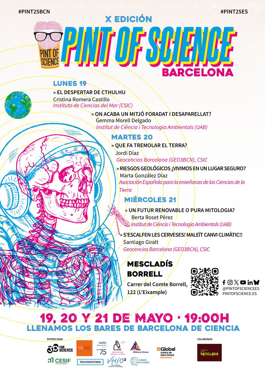 Avui comença <a href="/pintofscienceES/">Pint of Science ES</a>! 🍾 i tenim una cita amb el Planeta Terra: 
🗨️"Que fa tremolar el Terra?" <a href="/GEO3BCN_CSIC/">GEO3BCN - CSIC</a>
🗨️"S'escalfen les cerveses!" Maleït canvi climàtic!! <a href="/GEO3BCN_CSIC/">GEO3BCN - CSIC</a> 
🗨️Riesgos geológicos ¿Vivimos en un lugar seguro?" <a href="/aepect/">aepect</a>

Us esprem al Mescladís Borrell! 👇