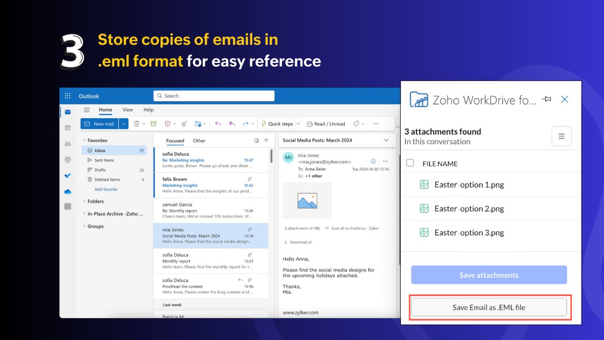 No more switching tabs. With the #WorkDrive add-in for Outlook, you can save, attach, and share—right from your mailbox.

Learn more 👉 zurl.co/sv84s

#NewInWorkDrive
