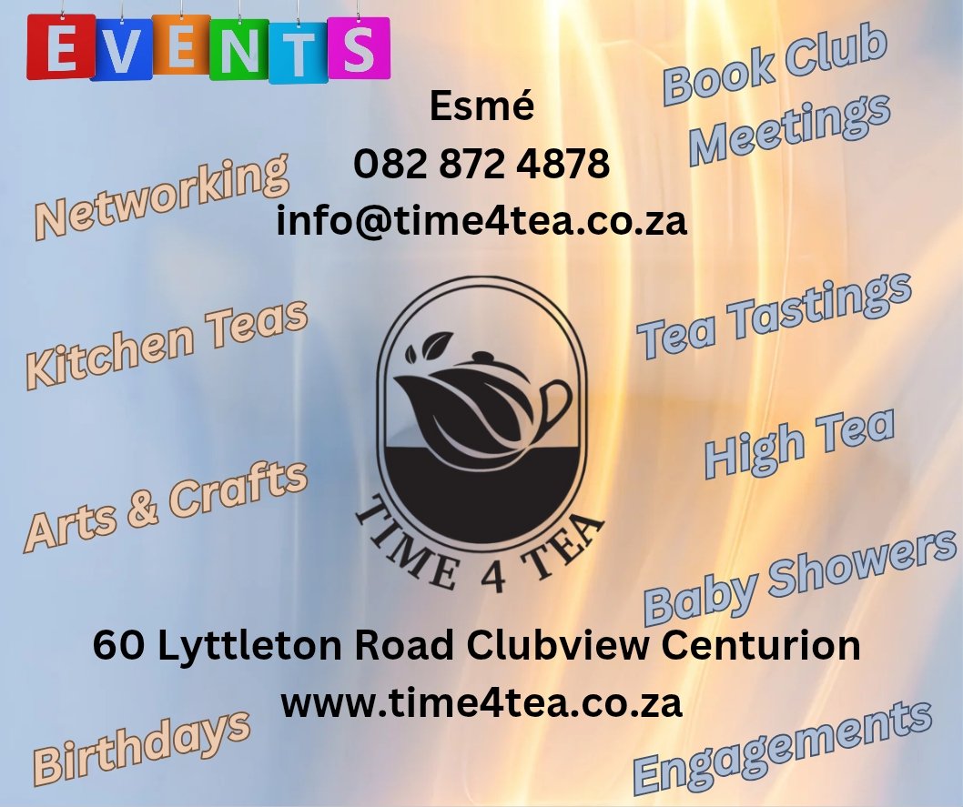 mariasto123's tweet image. Time 4 Tea 
EVENTS
Loose leaf tea distributor and specialty tea supplier. 
Visit us at
60 Lyttelton Road Clubview Centurion
Orders - time4tea.co.za

#Time4Tea
#HealthWellness #Love4Tea 
#TeaGifts #GiftIdeas 
#EarlGrey  #Herbal 
#MakeYourOwnIceTea #followers 
#everyone
