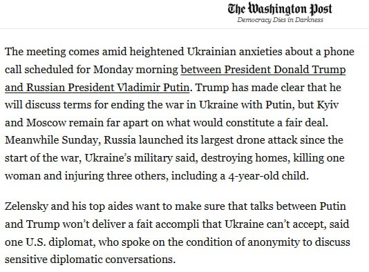 Ukraine anxiously awaits Putin-Trump talk tomorrow — Washington Post

▪️The Ukrainian leadership is experiencing “heightened anxiety” due to a telephone conversation planned for Monday.
▪️Trump has made it clear he will discuss with Putin the terms of an end to the fighting in
